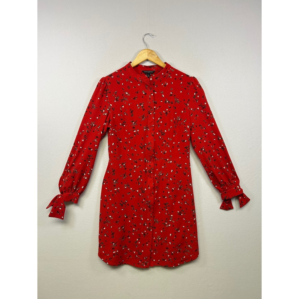 Cottagecore Banana Republic Womens 8 Red Floral Tie Cuff Mock Neck Mini Dress‎